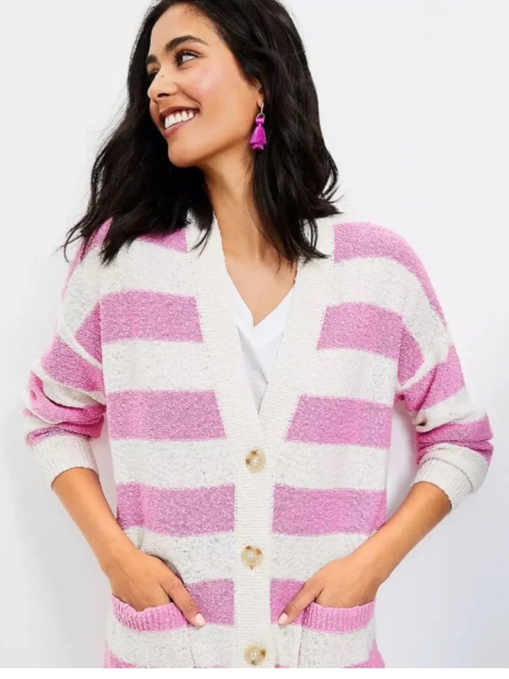 LOFT Striped V-Neck Pocket Cardigan Sweater Pink White XL NWT